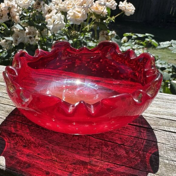 Ruby Red Murano Art Blown Glass Trinket Bowl 4.5” Glows Uv Bullicante Vintage - Picture 11 of 16